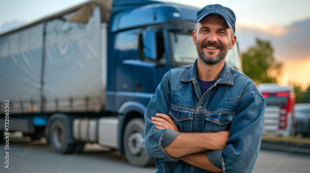 A cheerful truck driver leans against a transport truck, enjoying a beautiful sunset after a day's work in logistics. A cheerful truck driver leans against a transport truck, enjoying a beautiful sunset after a day's work in logistics.