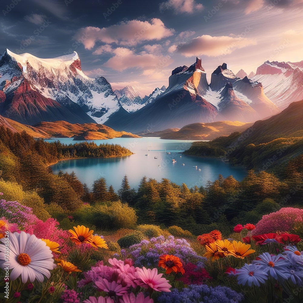 Beautiful summer landscape with lake and mountains. Sunrise in the mountains. Beautiful nature background. 