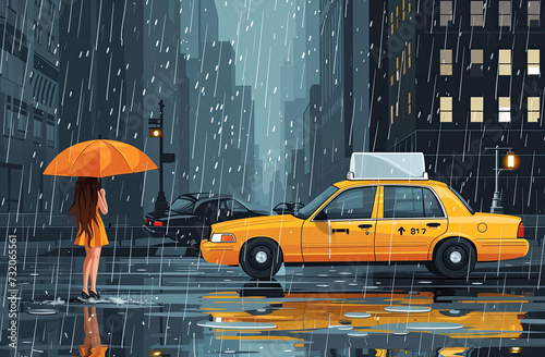 Woman in Yellow with Umbrella on a Rainy Day – Panoramic Cartoon Illustration photo