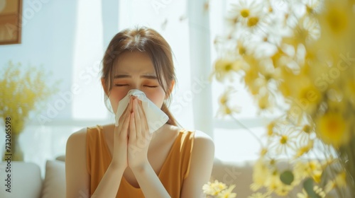 A woman in casual clothing blows her nose with a tissue, possibly due to an allergic reaction, in a sunlit home environment.