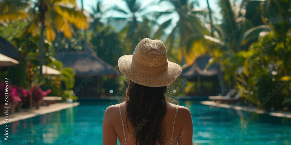 A woman enjoys tranquility by the pool, surrounded by lush tropical greenery and serene resort ambiance.