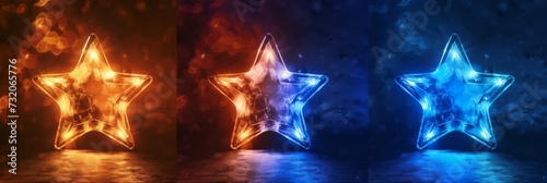Star shapes glowing warmly in red and coolly in blue, set against a bokeh light background for a dramatic effect. photo