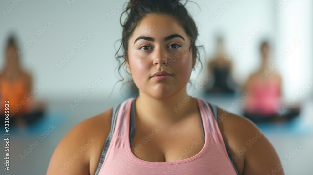 A determined young woman looks focused and ready to begin her yoga session in a studio with other practitioners in the background.