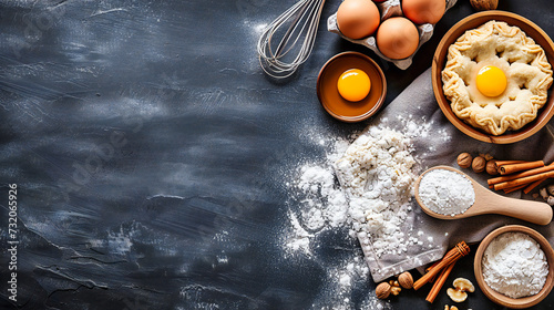 Preparing homemade bakery delights, with raw dough, flour, eggs on a rustic wooden table, capturing the essence of traditional baking