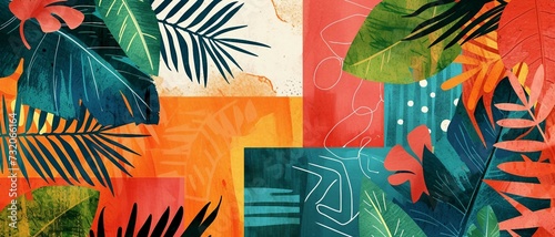 a banner that fuses tropical plants elements incorporating vibrant colors and exotic patterns inspired by Brazil's tropical landscapes. photo