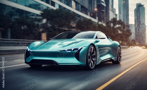 Futuristic EV car or luxury sports car, supercar, fast vehicle on highway with full self driving system activated for transportation autonomy concepts as wide banner with copy space area © Sanita
