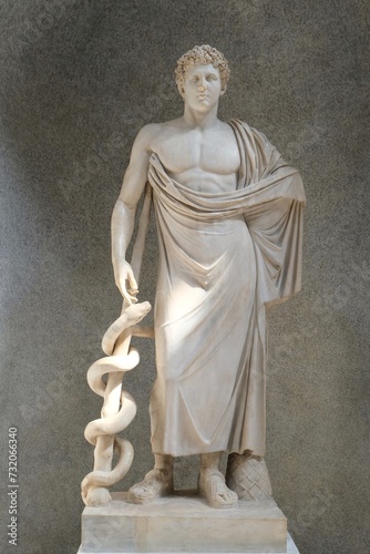 Ancient Greek statue of Asklepion, Aesculapios or Asclepius, Greek god of Medicine.