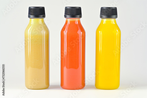 Colorful Juice Bottles of Apple, Orange, and Carrot Flavors