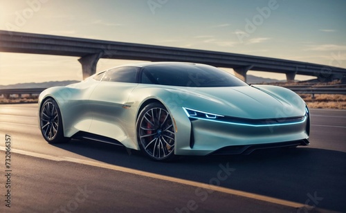 Futuristic EV car or luxury sports car, supercar, fast vehicle on highway with full self driving system activated for transportation autonomy concepts as wide banner with copy space area © Sanita