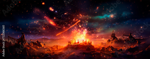 A dramatic vista of an erupting volcano under a starlit sky, conveying a scene of natural power and celestial tranquility coexisting with dynamic earth forces.
