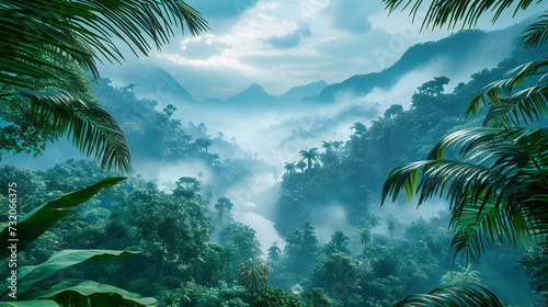 Rainforest Landscape  Tropical Forest with Morning Fog  Nature and Environment