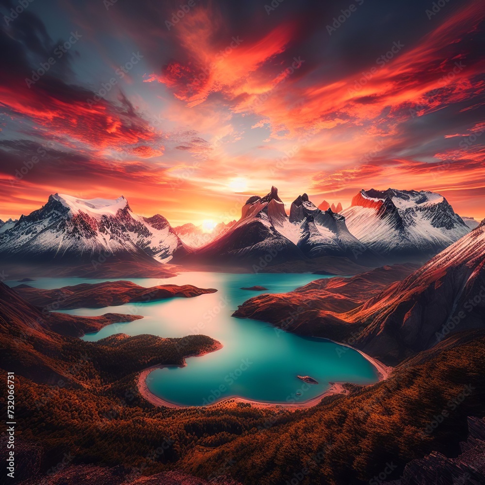 Fantasy landscape with lake and mountains at sunset.  