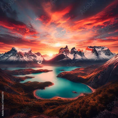 Fantasy landscape with lake and mountains at sunset. 