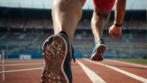 Athlete running on racetrack at stadium. Close up of athlete legs.