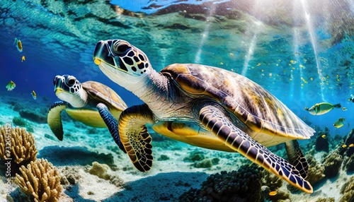 Underwater photographs of swimming sea turtles. Generated with AI