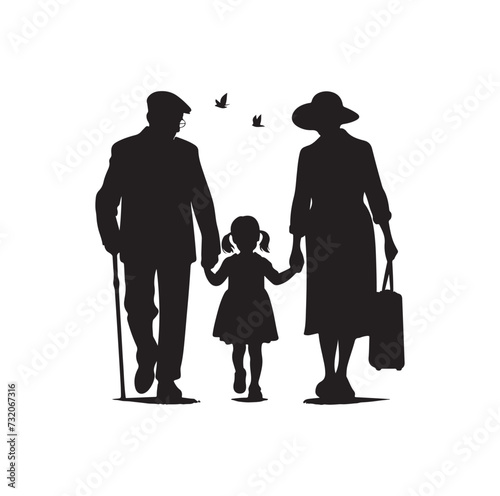 Silhouette vector of grandparents walking with granddaughter Illustration icon