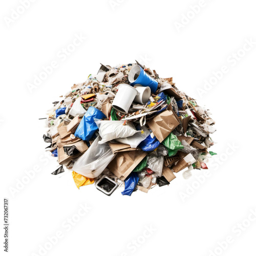 Pile of Mixed Garbage Including Paper, Plastic Bags, Cups, and Containers Isolated on White Background