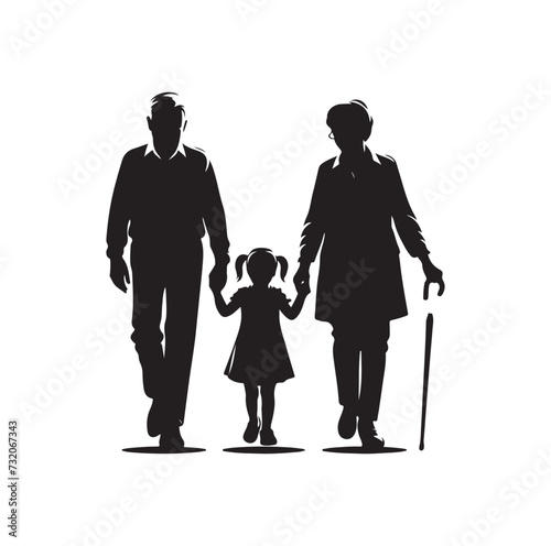 Silhouette vector of grandparents walking with granddaughter Illustration icon