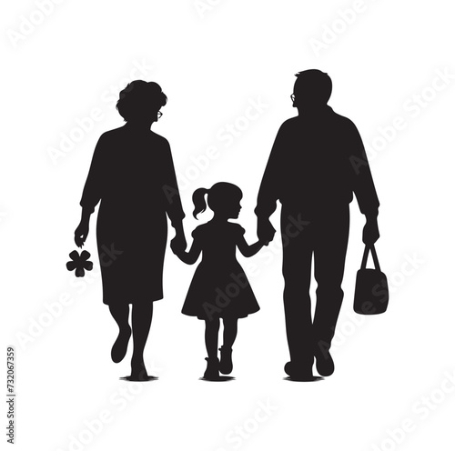 Silhouette vector of grandparents walking with granddaughter Illustration icon