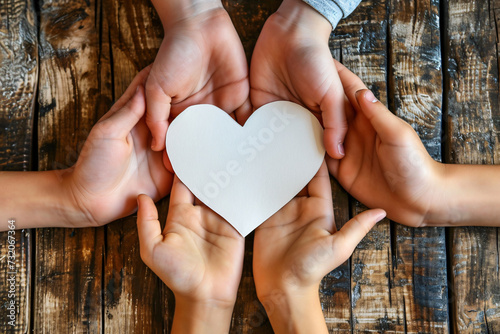 Multiple hands holding a heart-shaped paper cutout symbolizing family unity and support for various social causes. photo