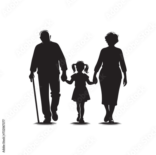 Silhouette vector of grandparents walking with granddaughter Illustration icon