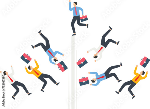 A bunch of businessmen fall but one businessman takes off upwards, business competition and business opportunity, career promotion and self-improvement, businessman standing out 