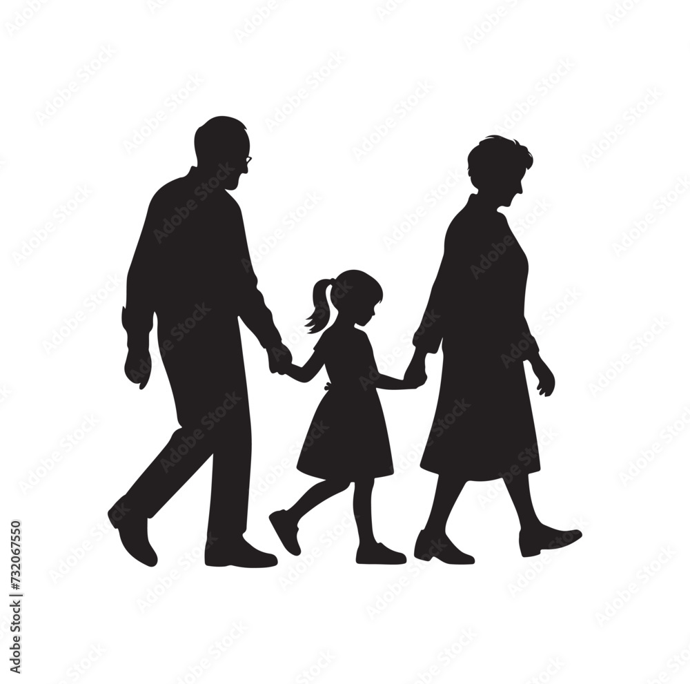 Silhouette vector of grandparents walking with granddaughter Illustration icon Silhouette vector of grandparents walking with granddaughter Illustration icon