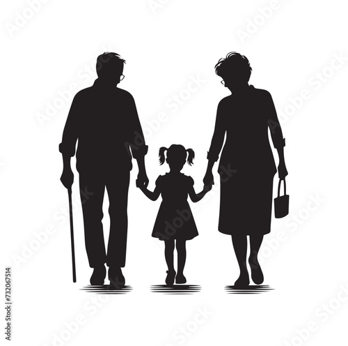 Silhouette vector of grandparents walking with granddaughter Illustration icon