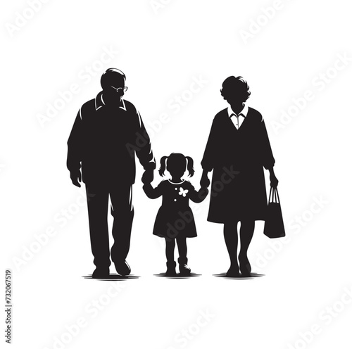 Silhouette vector of grandparents walking with granddaughter Illustration icon