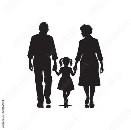 Silhouette vector of grandparents walking with granddaughter Illustration icon