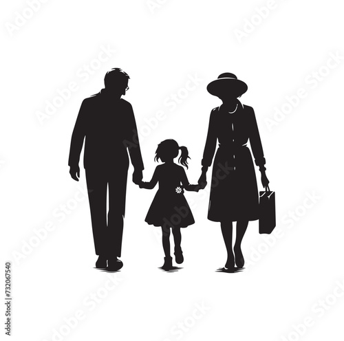 Silhouette vector of grandparents walking with granddaughter Illustration icon