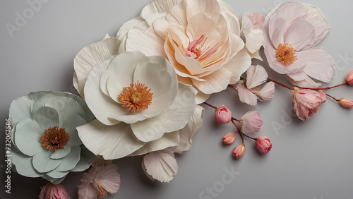 Delicate blooming festive white begonia and light pink rose flowers, blossoming flower soft pastel background, wedding bouquet floral card, selective focus