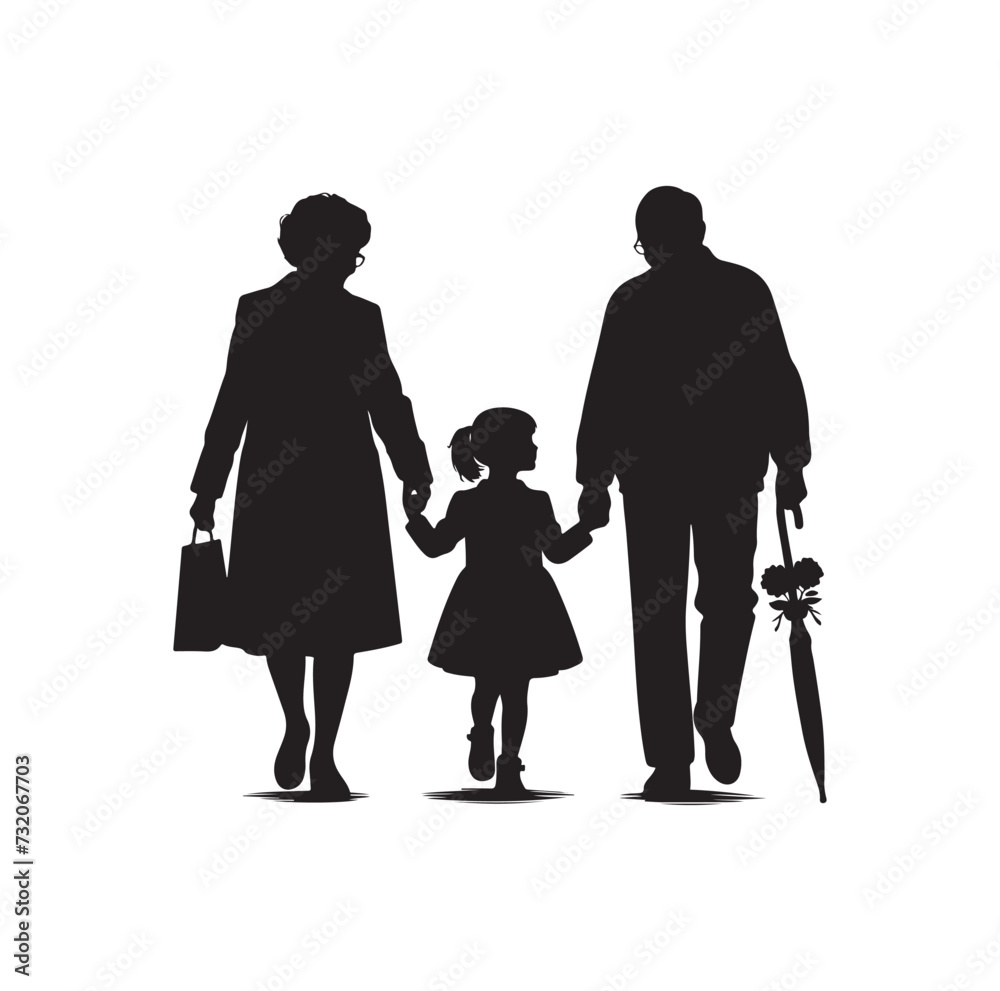 Silhouette vector of grandparents walking with granddaughter Illustration icon