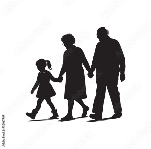 Silhouette vector of grandparents walking with granddaughter Illustration icon