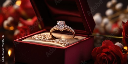 Diamond engagement ring in red box, holiday gift, wedding rings in a box © 22_monkeyzzz
