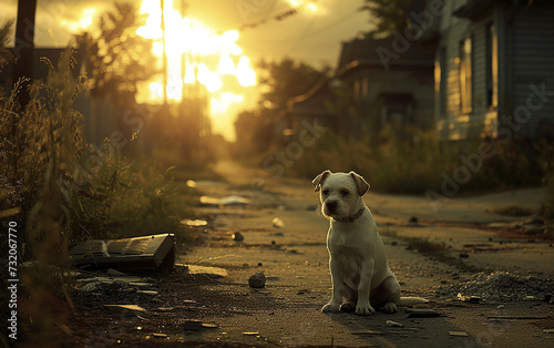 cachorro anjo abandonado em rua suburbana, cena dramatica conceito de abandono animal, causa animal  photo