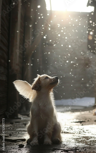 cachorro anjo abandonado em rua suburbana, cena dramatica conceito de abandono animal, causa animal  photo