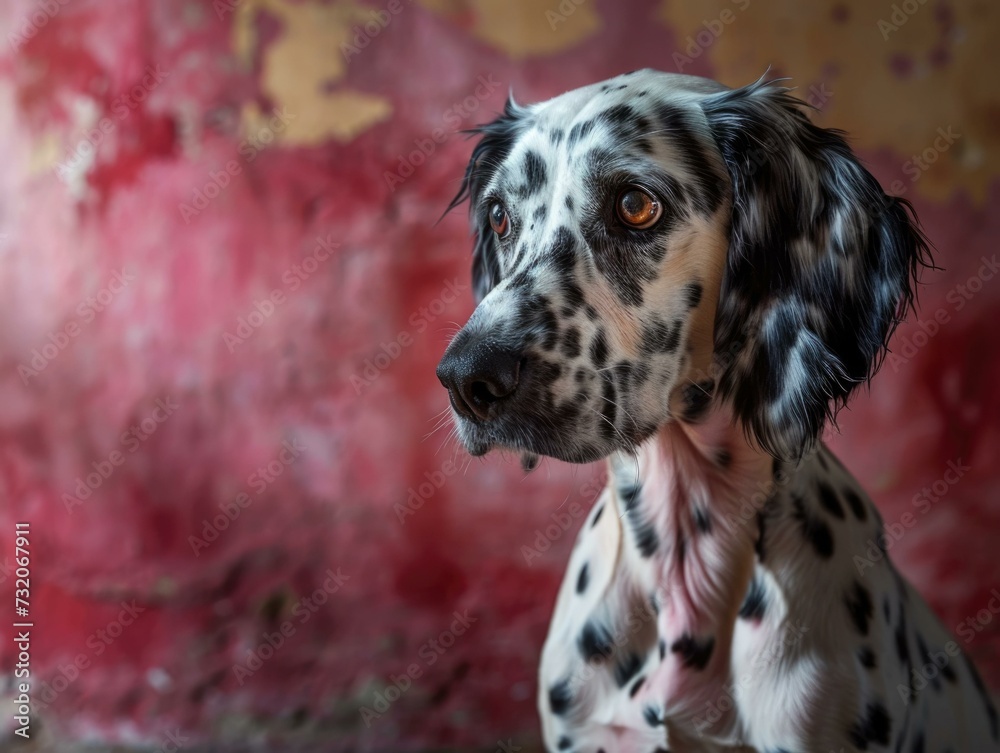 A dalmatian dog with spots sitting in front of a red wall. Generative AI.