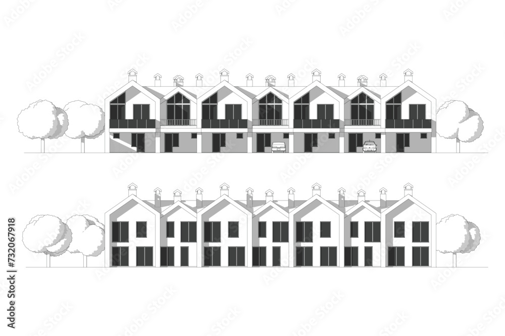 Architectural two story townhouse blueprints and drawings. Vector illustration