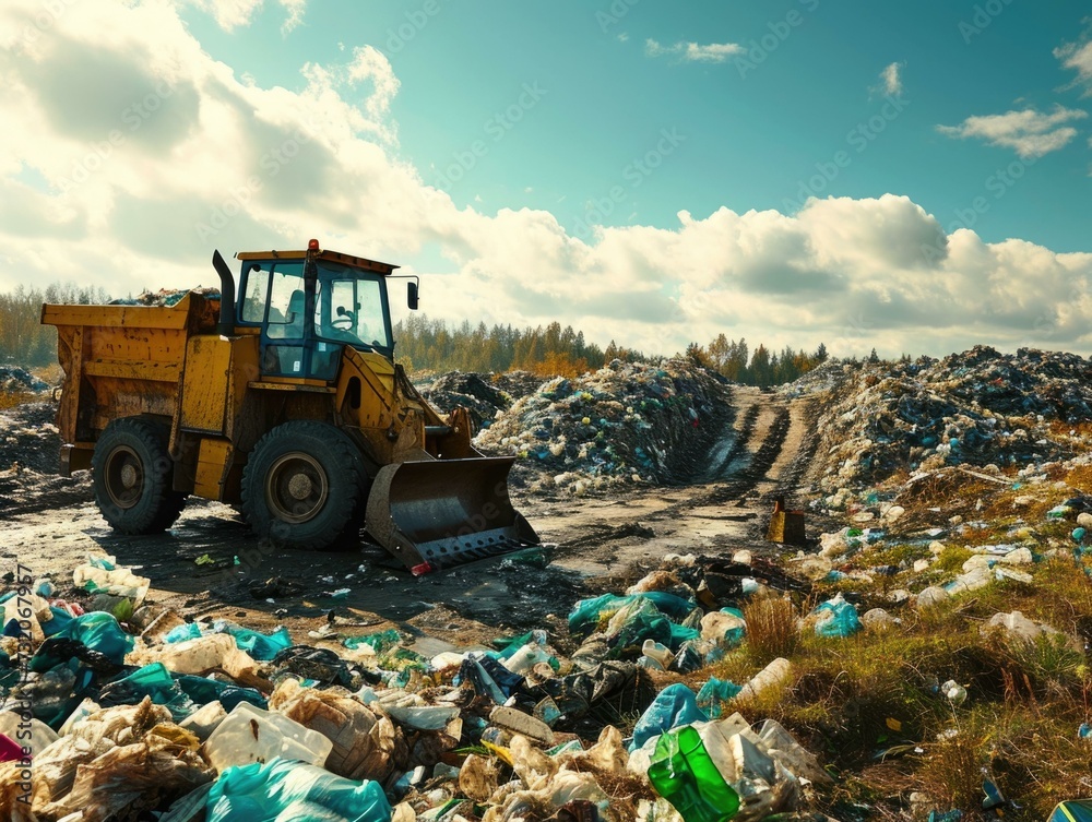 A bulldozer is working in a landfill. Generative AI. A bulldozer is working in a landfill. Generative AI.