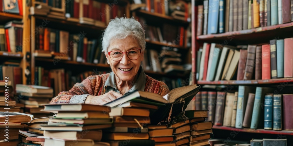 An older woman is smiling while sitting in front of a pile of books. Generative AI. An older woman is smiling while sitting in front of a pile of books. Generative AI.