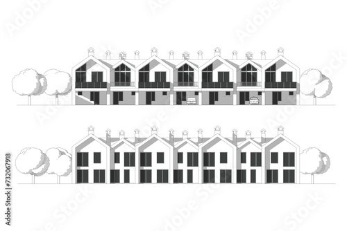 Architectural two story townhouse blueprints and drawings. Vector illustration