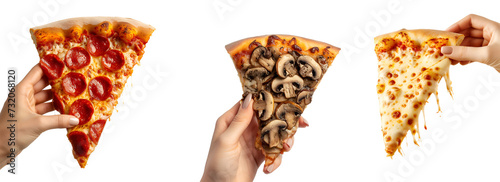 For Pizzeria Banners and Social Media: A Hand Holding a Set of Pizza Slices Including Mushroom, Four Cheese, Pepperoni, Isolated on Transparent Background, PNG