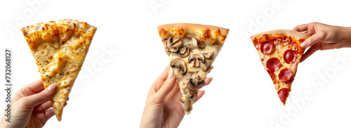 Pizzeria Banners and Social Media: Hand Holding a Set of Pizza Slices - Mushroom, Four Cheese, Pepperoni, Isolated on Transparent Background, PNG