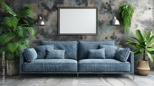 Elegant Living Room Interior with Mockup Frame and Lush Plants.
