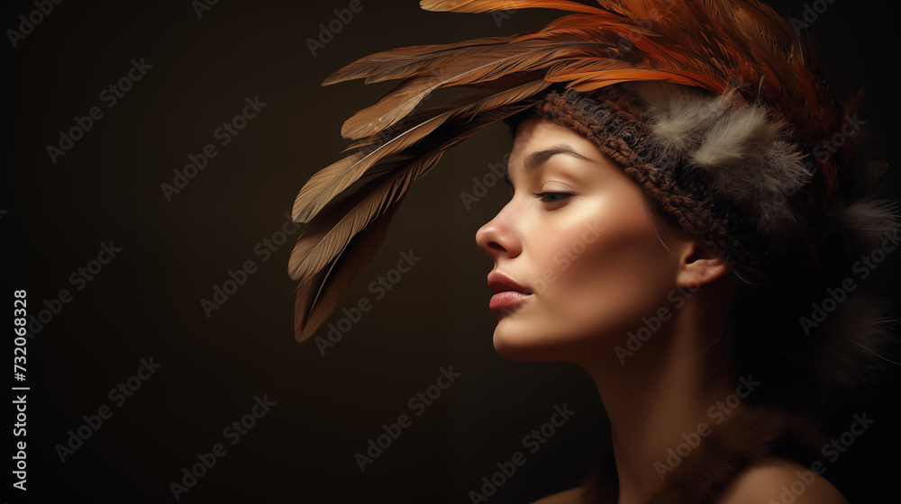 Portrait einer Frau mit braunen Federn als Kopfschmuck. Profil. Illustration vor dunklem Hintergrund - obrazy, fototapety, plakaty 