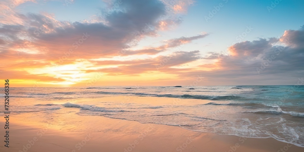 Beautiful tropical beach and sea at sunset time for travel and vacation. Generative AI