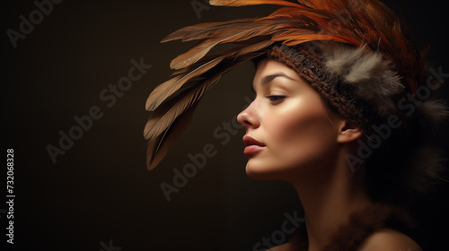 Portrait einer Frau mit braunen Federn als Kopfschmuck. Profil. Illustration vor dunklem Hintergrund