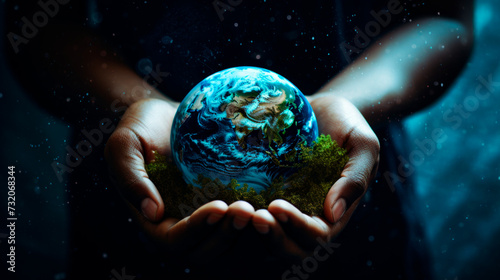 Hands cradling a glowing Earth in a protective gesture, surrounded by the darkness of space, symbolizing concepts of global unity, environmental stewardship, and responsibility.