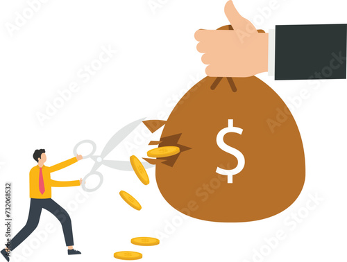 Little businessman holding scissors to cut money bag in giant hand
